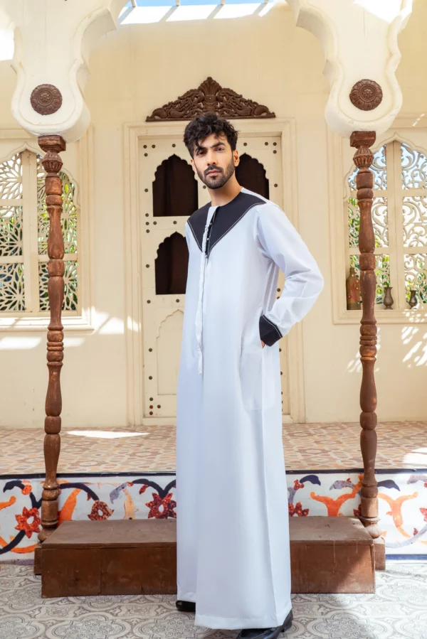 Emirati Thobe with a Modern Touch - White with Black - Side